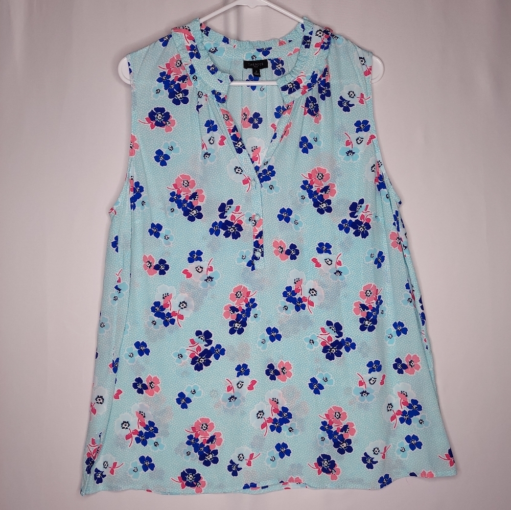 Talbots Sleeveless Chiffon Button Top Womens X Blue Pink Floral Tropic Hawaiian